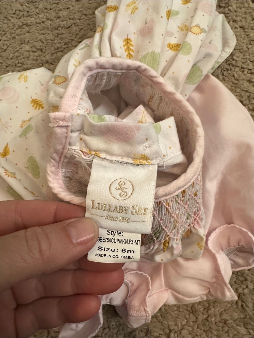 Lullaby set Baby Girl Two-Piece Smocked Top and Bloomers - Pastel Pumpkin Print - Picture 2 of 9